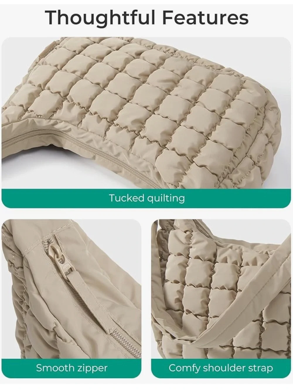 NWOT Quilted Hobo Shoulder Bag in Beige
